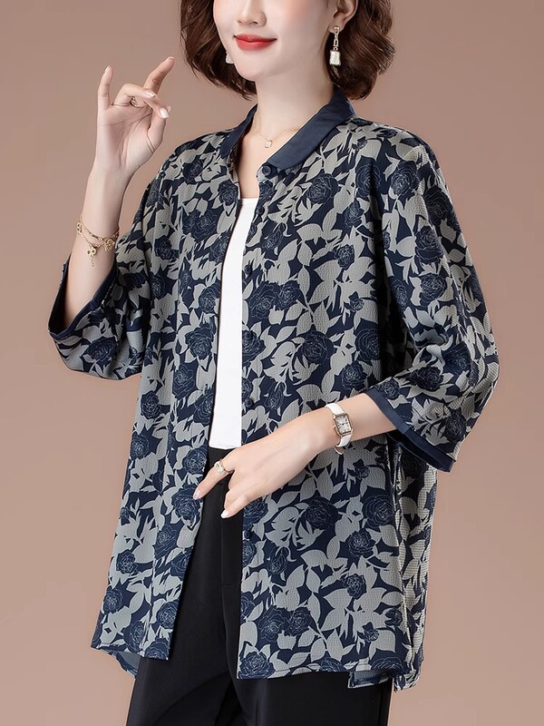 花色翻领衬衫女宽松大码中袖上衣洋气中老年妈妈春秋款七分袖秋衣|undefined