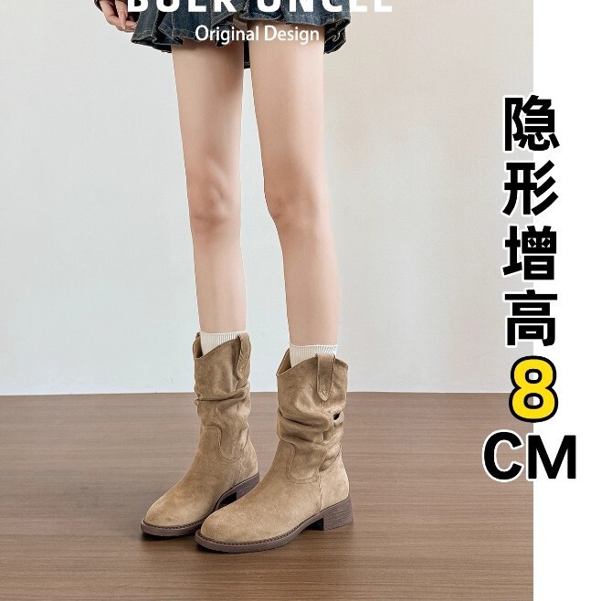 Genuine Leather ~ Maillard Inner Heightening Short Boots for Women Autumn 2025 New Retro Boots Western Cowboy Boots Pile Boots