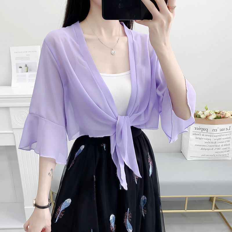 夏の新作防寒服、ショートシフォンカーディガン、薄手ショール、大きいサイズコート、おしゃれなアウターウェア、ブティック婦人服|undefined