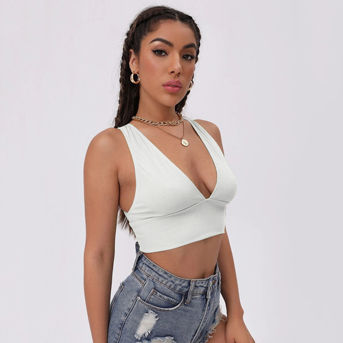 2024 Summer Amazon European and American Sports Slim Solid Color V-Neck Tops Suspenders Versatile Backless Vest