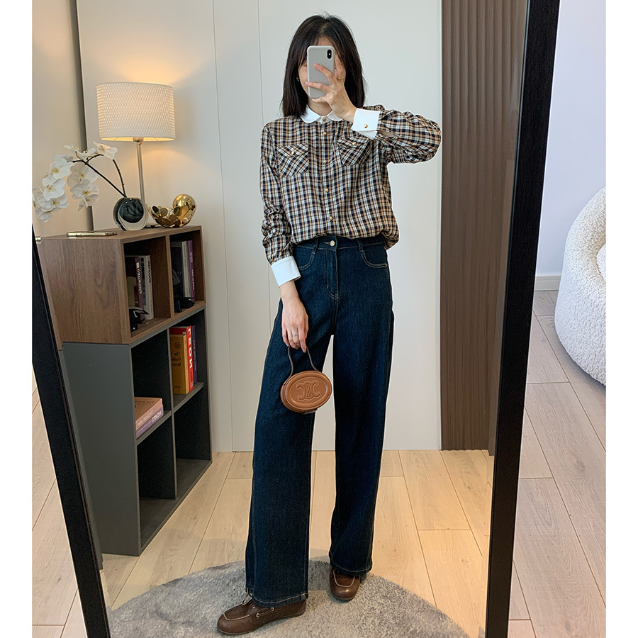 M1U Department College Style Silk Cotton Age-reducing Contrast Color Small Lapel Buckle Retro Plaid Long Sleeve Shirt 25 Spring