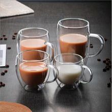 批发高硼硅双层玻璃杯带把牛奶果汁咖啡杯隔热办公室透明玻璃水杯