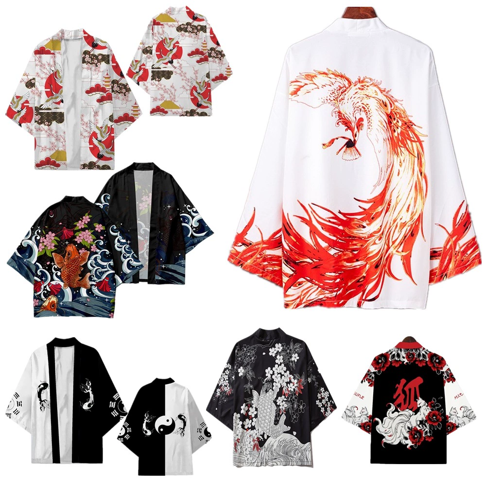 Трансграничный китайский ветер огненный феникс дракон тотем элемент перья кардиган кимоно укиё-э