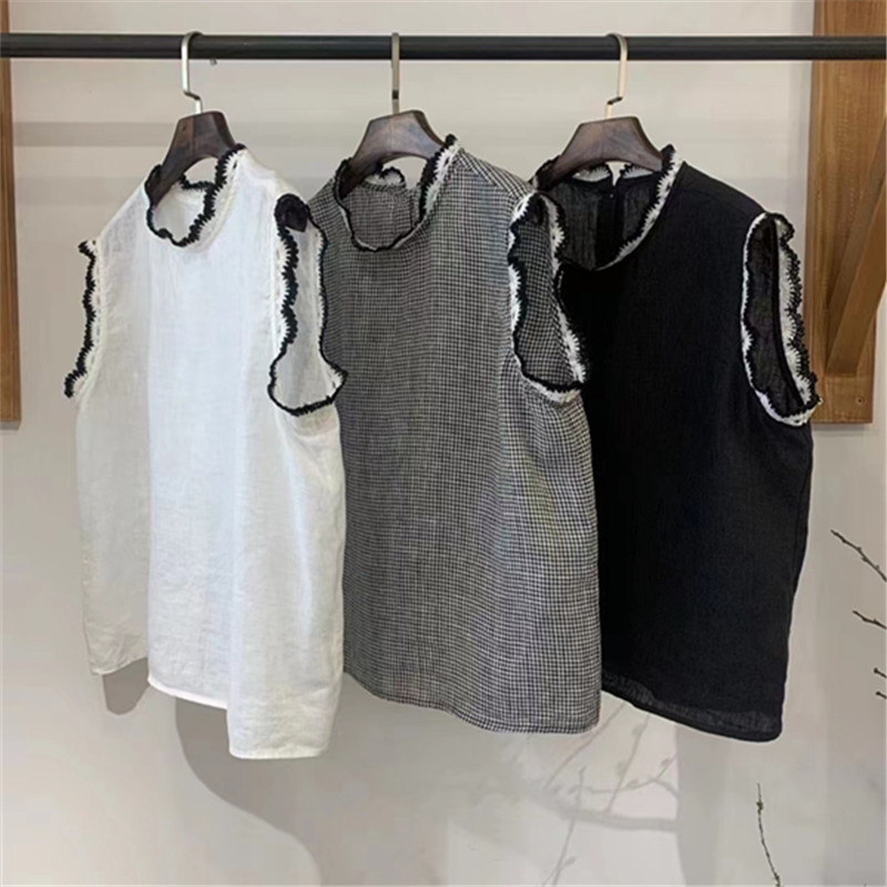 Japanese Single Contrast Color Auricularia Lace Linen Top Women's Summer New Back Single-breasted Retro Artistic Sleeveless Shirt