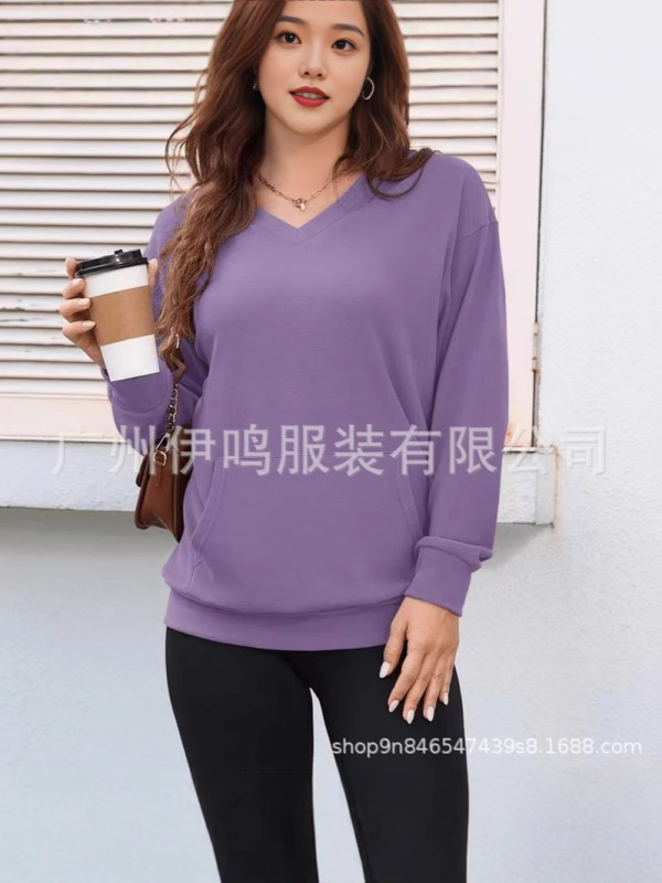 纯色V领宽松卫衣女秋冬新款长袖上衣大码休闲外套|undefined