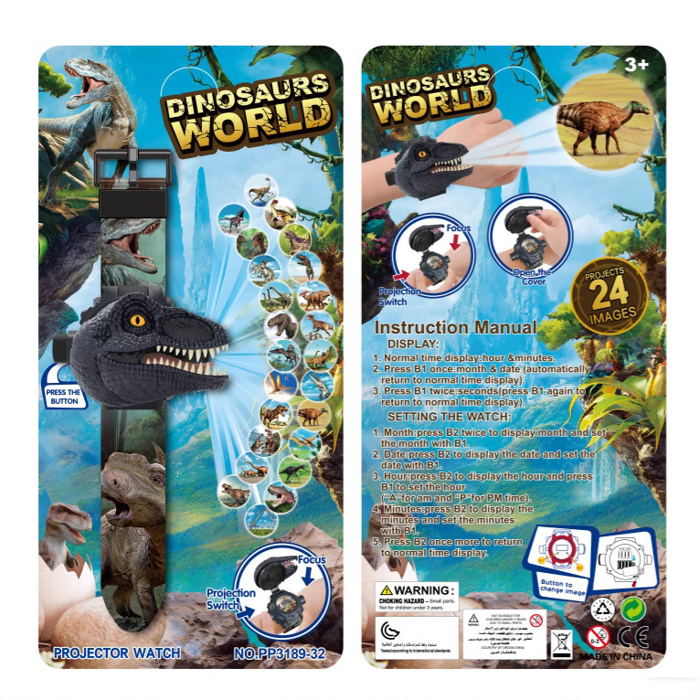 Y Cross-Border Kidsren's Projection Watch Luminous Toy Flip Cover Dinosaur Tyrannosaurus Cartoon Boys and Girls Kindergarten Gift