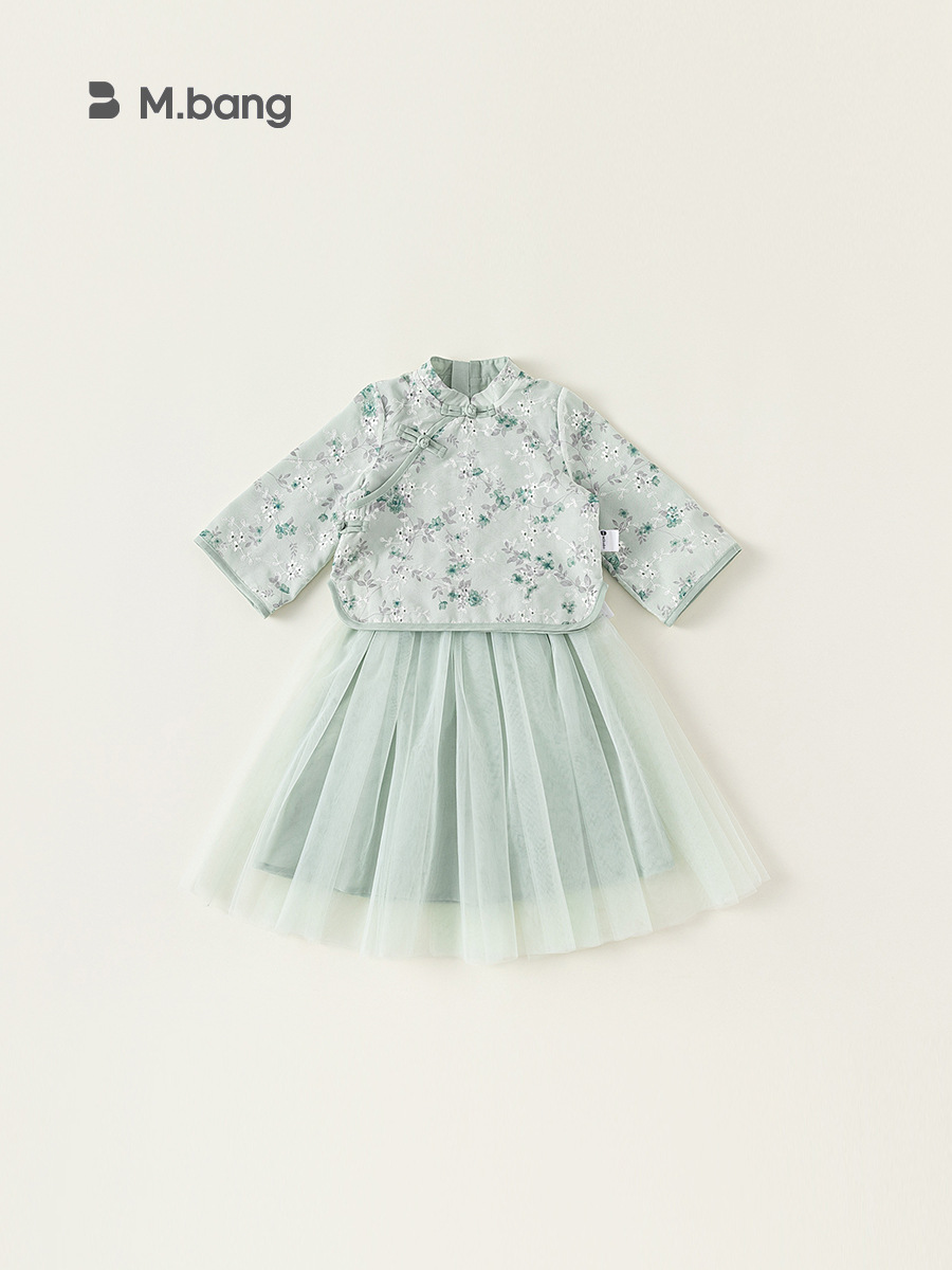 Ropa infantil Youbao, traje Hanfu para niñas, estilo chino, falda de malla bordada, conjunto de dos piezas, ropa festiva para niños de un año