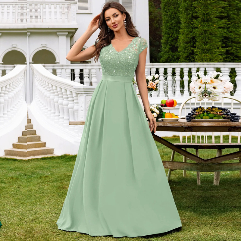 European and American style fitted lace sequin dress, V-neck, cap sleeves, chiffon, long, slimming, suitable for bridesmaids or mothers, elegant gown