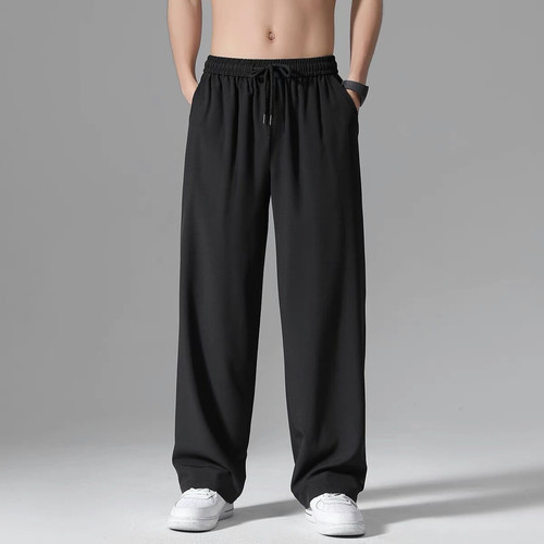 Hong Kong style thin ice silk pants men's spring and summer men's trendy casual trousers sports loose straight wide-leg pants