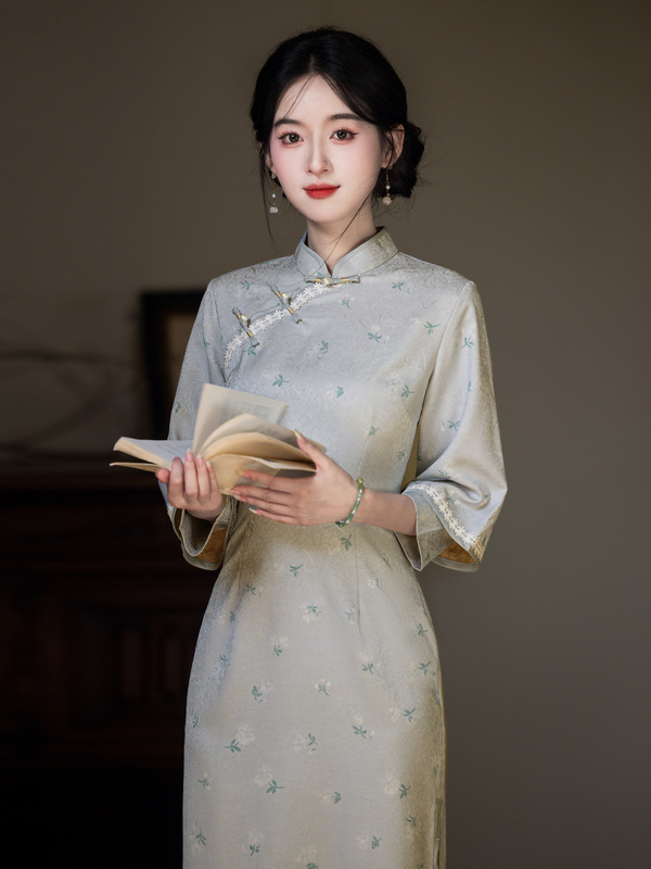 国风新中式长款改良长袖旗袍秋季2025新款年轻款少女复古修身收腰|undefined