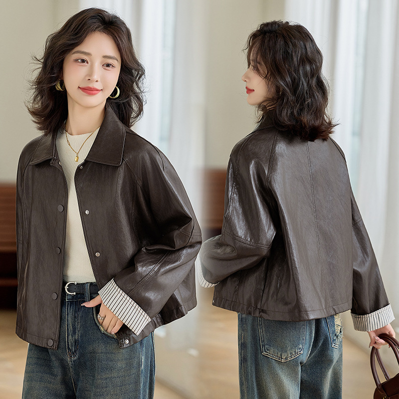 Haining Genuine Leather Jacket for Women 2025 Spring & Fall New Korean Style Motorcycle Jacket Loose Short Women's Large Size Jacket Trendy