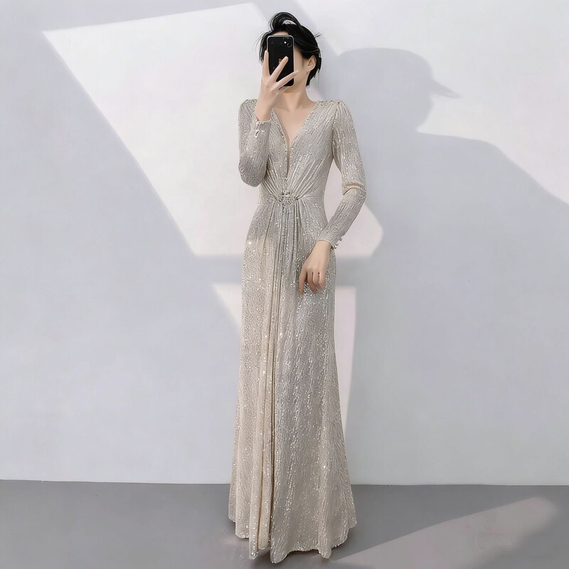 Banquet Evening Dress 2026 New High-End Champagne Color Light Luxury Sequin Host Slim-Fit Adult Ceremony Dress Banquet Evening Dress 2026 New High-End Champagne Color Light Luxury Sequin Host Slim-Fit Adult Ceremony Dress