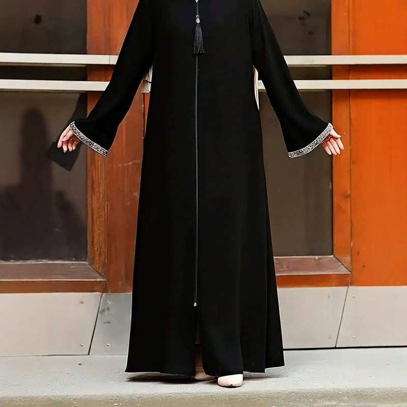 Cross-border solid color elegant women's robe dress, long-sleeved, round-neck, sequined, fringed, zippered, loose-fitting casual long dress Cross-border solid color elegant women's robe dress, long-sleeved, round-neck, sequined, fringed, zippered, loose-fitting casual long dress