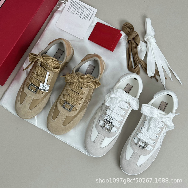 Wanqian Autumn New Style German Training Shoes Leather and Fabric Patchwork with Rhinestone Buckle Lightweight Elegant Fashionable Comfortable Sports Casual Shoes for Women
