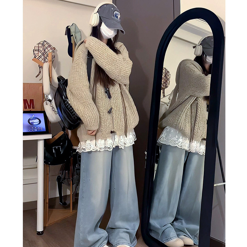 美式复古兔耳朵牛角扣连帽毛衣女秋冬2025新款慵懒风针织开衫外套|undefined