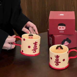 复古波点喜字对杯 新婚订婚伴手礼陶瓷杯 情侣款马克杯彩盒装批发