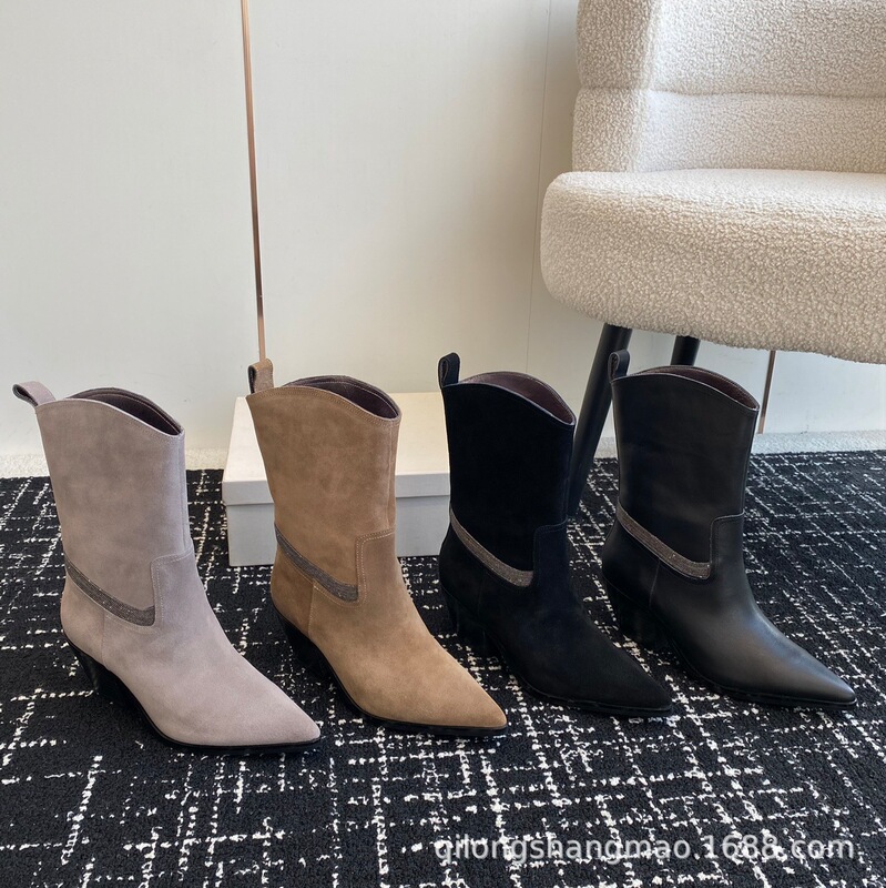 High-End Quality 2025 Autumn and Winter Suede Pointed-Toe British Style Beaded Chain Chunky Heel High-Heeled Slimming Short Boots Single Boots Bare Boots