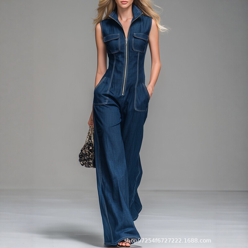 European and American Fashion Casual Loose Wide-Leg Jumpsuit for Women, Sleeveless, Stand-Up Collar, Zipper, New Model, Cross-Border, in Stock European and American Fashion Casual Loose Wide-Leg Jumpsuit for Women, Sleeveless, Stand-Up Collar, Zipper, New Model, Cross-Border, in Stock