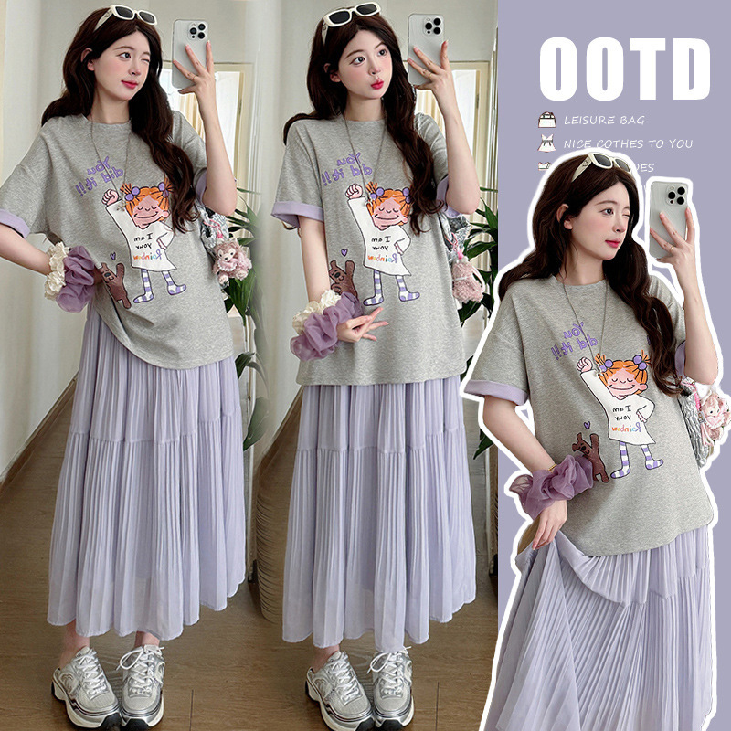 2026 Spring New Korean Style Color-Block Print Loose-Fit Maternity Purple Adjustable Pleated Skirt