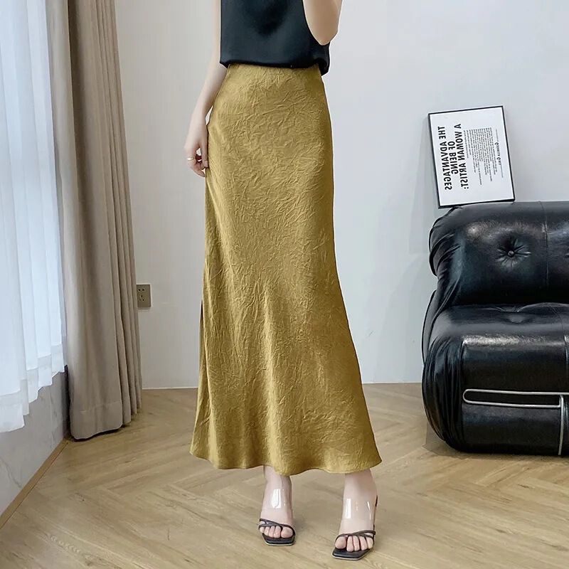Golden Acetate Satin Slit Long Skirt for Women 2024 Summer New Style Long Hip-Hugging Fishtail Skirt Acetate Skirt Golden Acetate Satin Slit Long Skirt for Women 2024 Summer New Style Long Hip-Hugging Fishtail Skirt Acetate Skirt