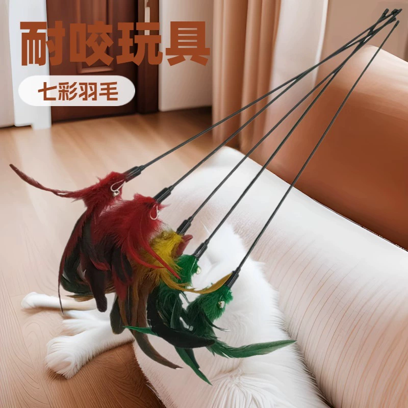 Яркая палочка-дразнилка для кошек с перьями и удлиненным стержнем, интерактивная игровая игрушка, колокольчик с куриными перьями, палочка-дразнилка для кошек, игрушка для кошек.