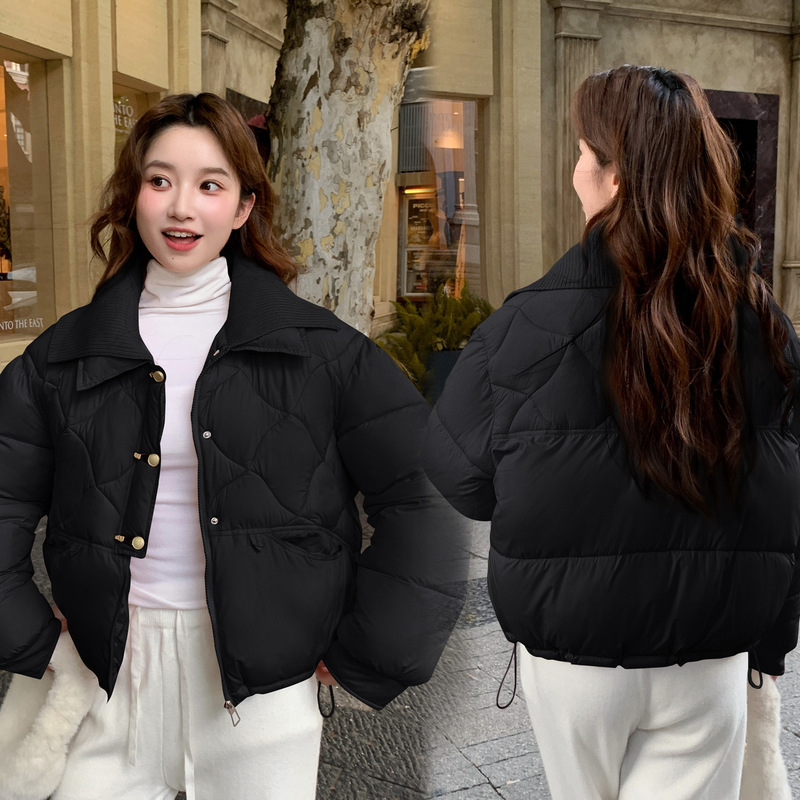 2025冬季新款韩版针织双层领短款羽绒棉服女减龄显瘦保暖外套|undefined