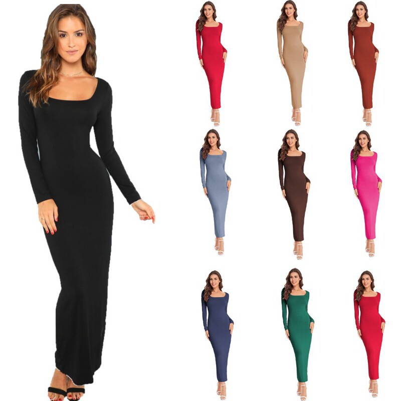 2023 European and American Amazon Cross-Border Women's Long Sleeve Square Neck Floor-Length Dress Glossy Slim Shaping Sexy Dress