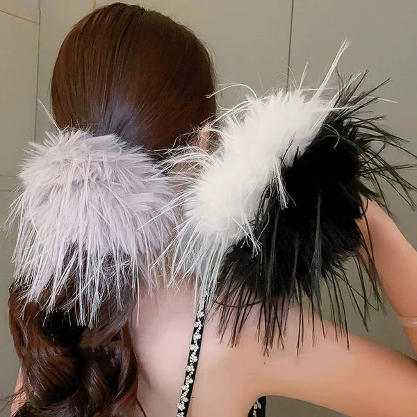 Extra Large Feather Hair Band for Women to Tie Their Hair, Plush Autumn and Winter High-End Headband, Ponytail Hair Band