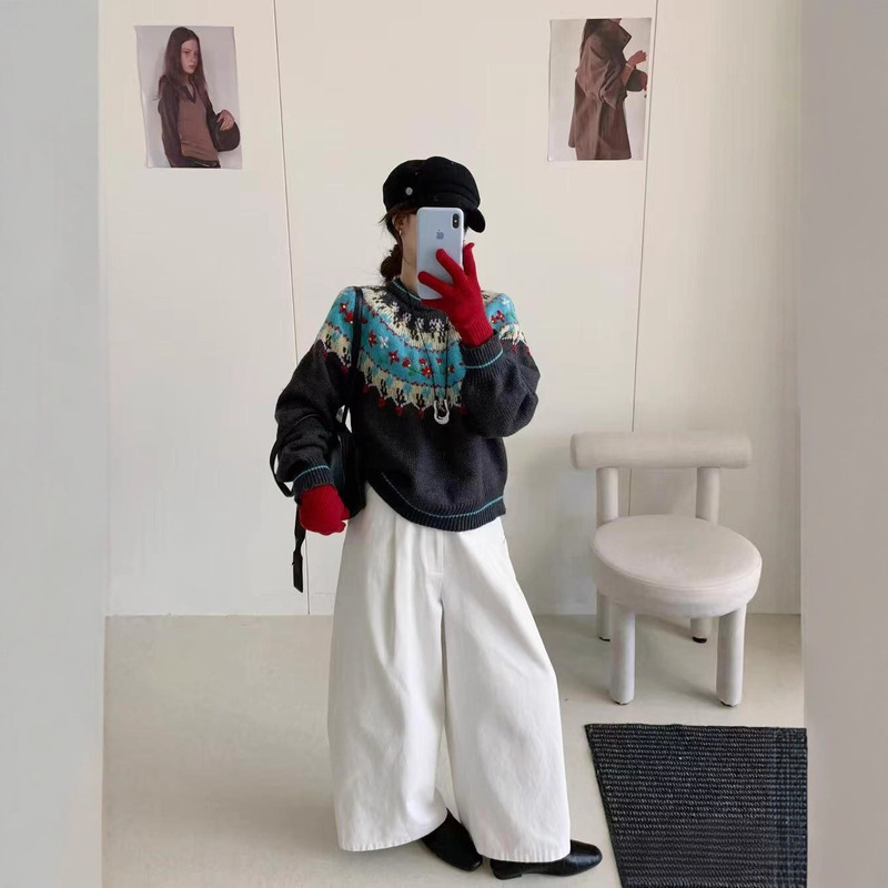 Christmas Atmosphere Knitwear Women's Retro Handmade Jacquard Lazy Style Autumn and Winter Fair Isle Layered Sweet Knitwear Top