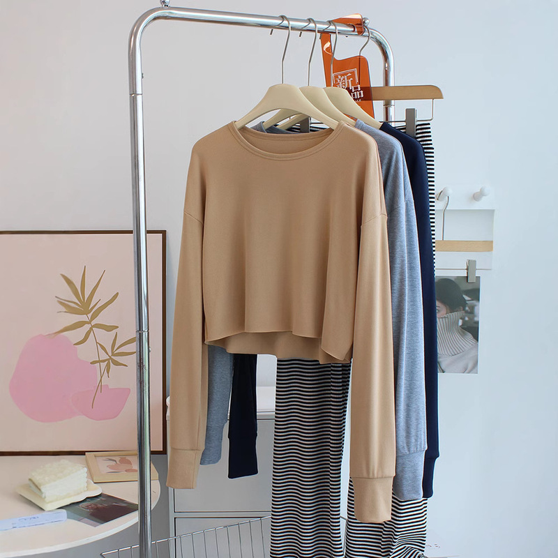 Ultra-Long-Sleeved Short T-Shirt for Women, Loose Slimming Look Round Neck, High Waist, Exposed Navel, Jazz Hip-Hop Dance Wear, Sexy Top