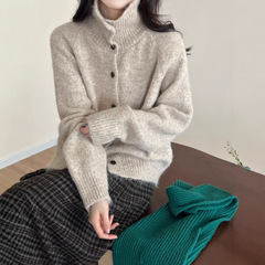 慵懒复古杂色花线高领纽扣毛衣外套女宽松秋冬软糯针织开衫厚上衣