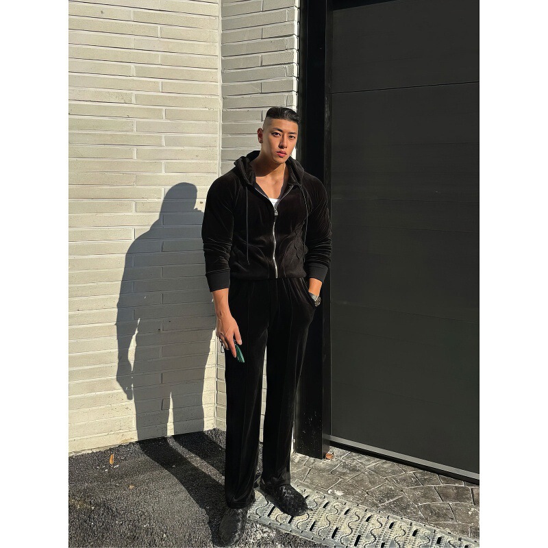 American retro gold velvet hooded sports sweatshirt for men, new autumn trendy loose straight-leg sweatpants two-piece set American retro gold velvet hooded sports sweatshirt for men, new autumn trendy loose straight-leg sweatpants two-piece set
