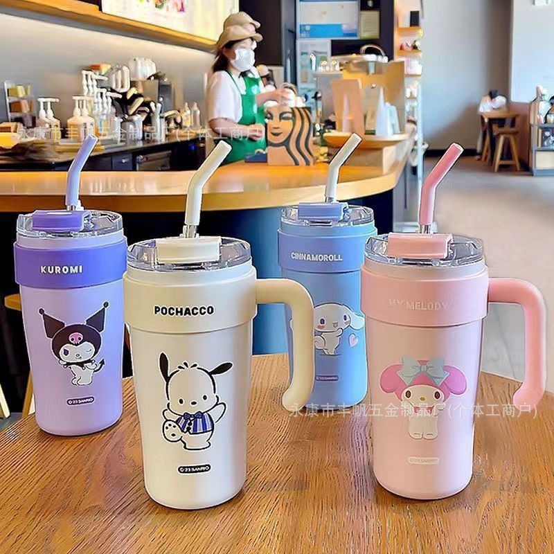 Кружка Sanrio Ice Cup из пищевой нержавеющей стали 316, соломинка в комплекте, термоизолированная, устойчивая к холоду, стильная, вместительная, с двойным отсеком для напитков