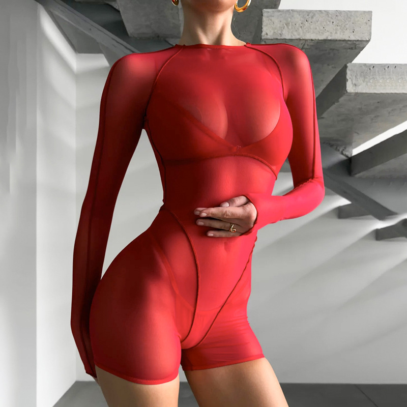 2025 Summer New Style Mesh Pumpsuit Sexy Hot Girl Pumpsuit Solid Color Backless Tight High Waist Pumpsuit