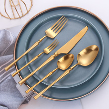 北欧小蛮腰304不锈钢金色刀叉勺三件套 创意高档家用西餐刀叉套装