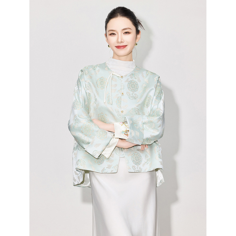 [Zhihetang] New Chinoiserie National Style Buttoned Jacket for Women Autum New Heavy Imitation Song Brocade Retro Round Neck Top
