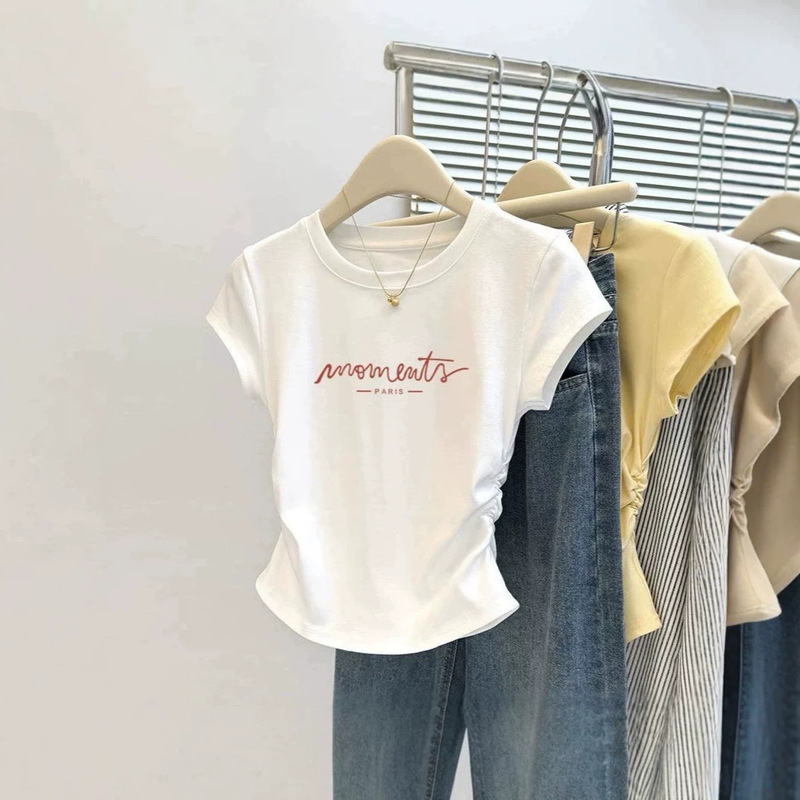 White Round-Neck, Waist-Cinching, Short-Sleeved T-Shirt for Women, Non-Colliding Style, High-Quality Cotton, New Summer Style, Slim Fit, Fashionable and Versatile Top