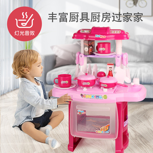 Cross-border children simulation play kitchen toy for girls with lights and music, cooking, frying, kitchen set