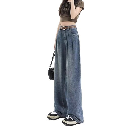 Vintage blue wide-leg jeans for women's spring and autumn new style high-waist slimming loose straight pear-shaped figure mopping long pants