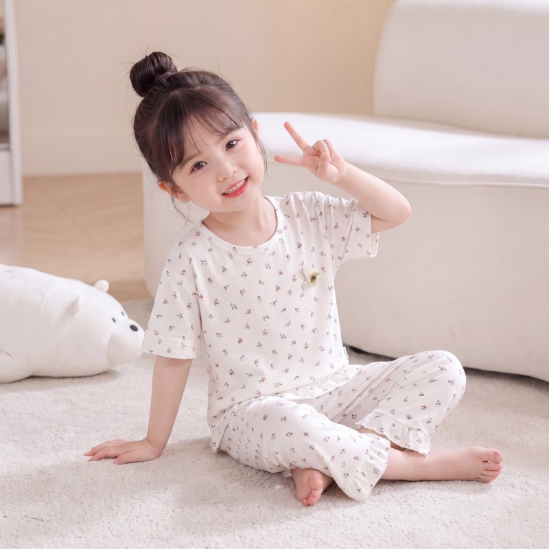 Traje de pijama para niños verano nuevo estilo niña pantalones recortados modales deshuesados niñas ropa de aire acondicionado ropa de hogar ropa para niños