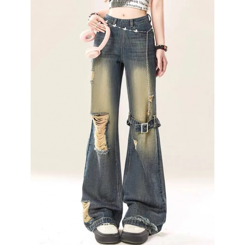 Side Zipper Workwear Micro-Flared Ripped Jeans for Women 2026 New American Retro Loose Slimming Straight Pants