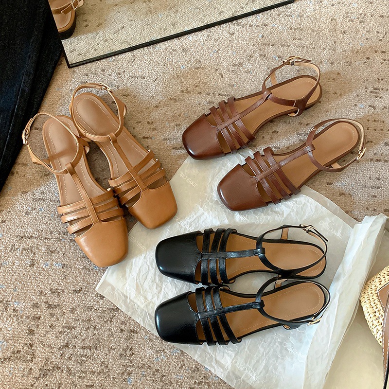 Sandal nữ đế bằng da bò lớp đầu quai chữ T dệt cổ điển — Màu nâu chi tiết 13