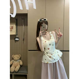 花朵刺绣吊带背心女夏季后背镂空内搭设计感露背上衣外穿