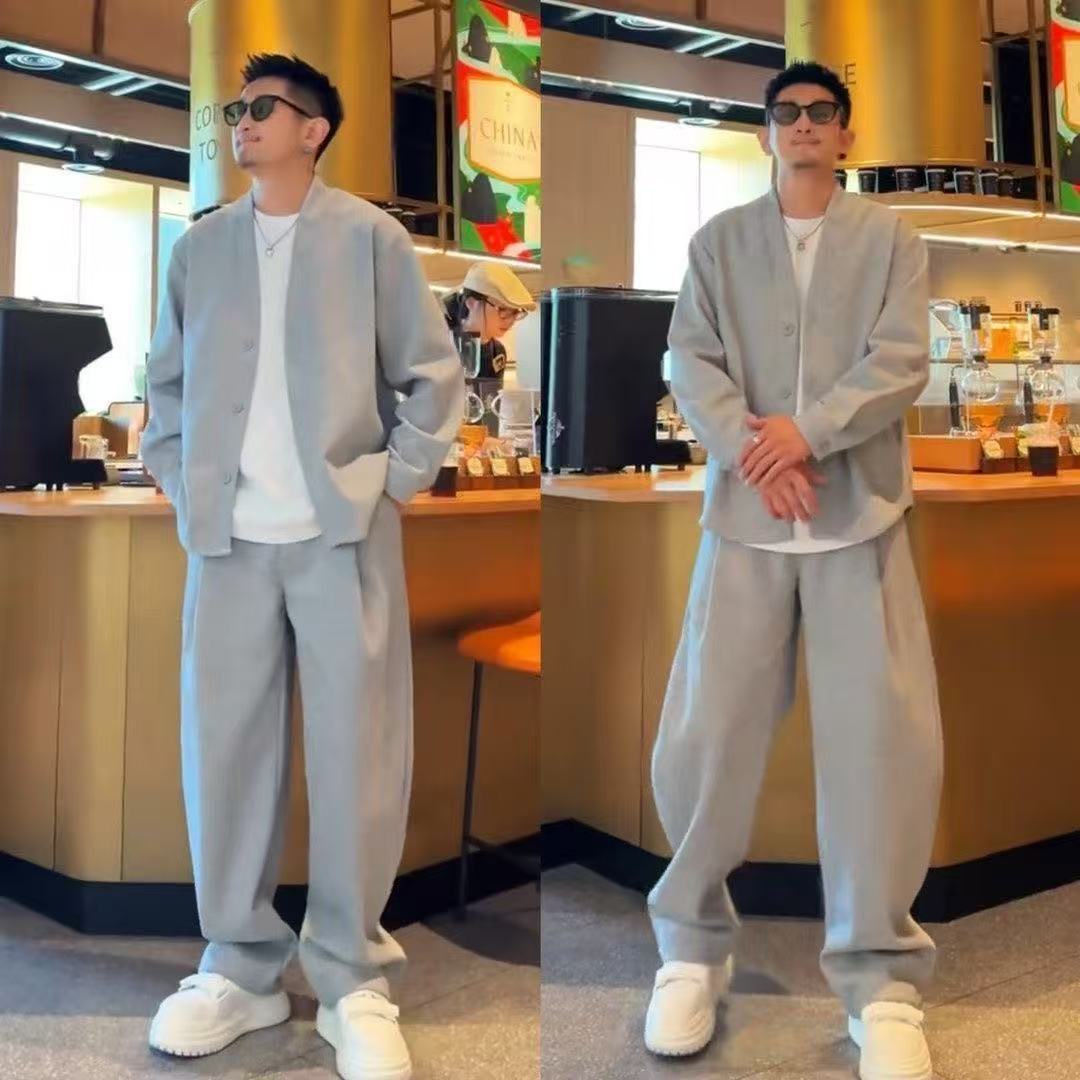 Men's New Chinese Style Casual Two-Piece Suit, Loose V-Neck Jacket and Wide-Leg Trousers, Simple and Trendy Spring/Autumn Style
