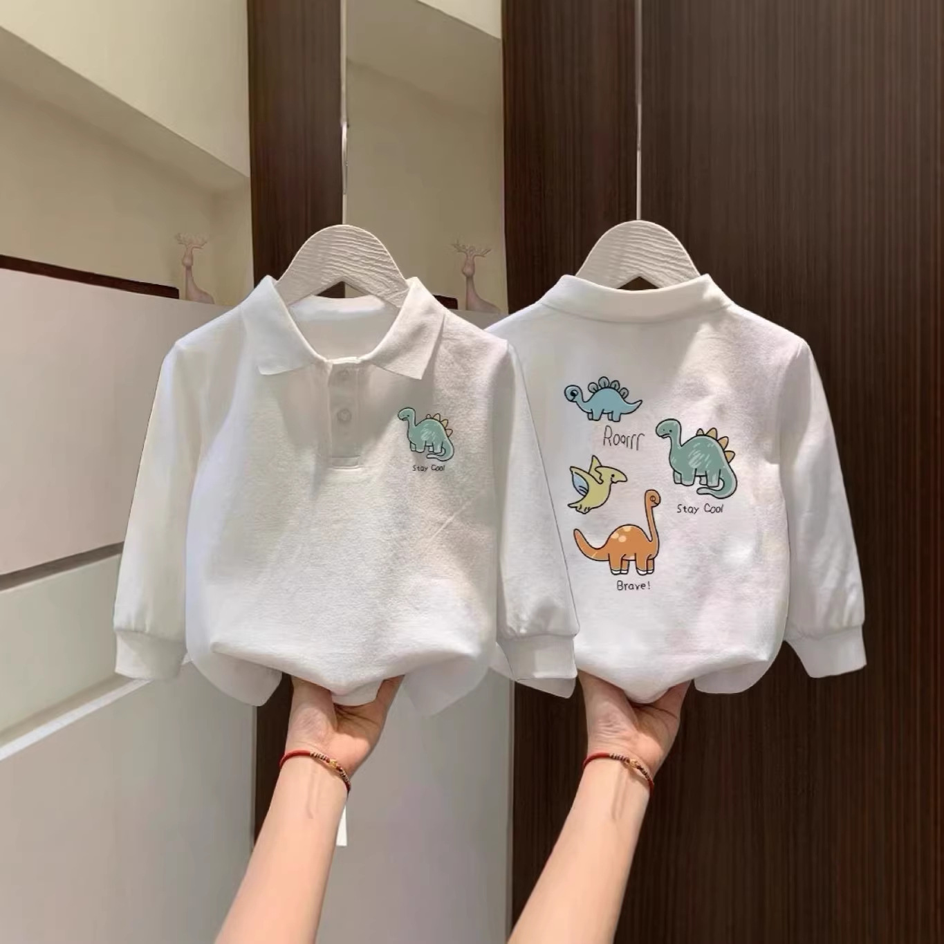 New pure cotton children's spring and autumn cartoon polo shirt, cute and versatile long-sleeved collared T-shirt for medium and large children, base layer.