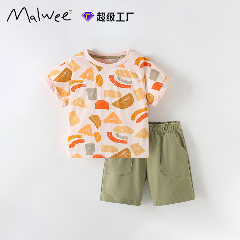 Traje de niño malwee transfronterizo verano nuevo estilo cuello redondo camiseta de manga corta traje casual de dos piezas para niños europeos y americanos
