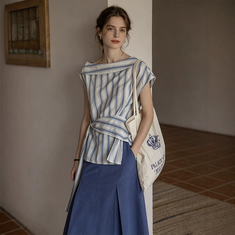 "Galaxy Daylight" Designer Style One-Shoulder, One-Collar, Yarn-Dyed Refreshing Blue Striped Shirt Top for Women in Summer "Galaxy Daylight" Designer Style One-Shoulder, One-Collar, Yarn-Dyed Refreshing Blue Striped Shirt Top for Women in Summer