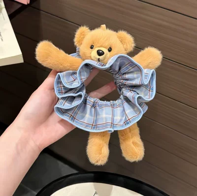 Cute and super stylish plush bear plaid scrunchie for playful bun hairstyles, hair accessory wholesale (Saç üçün rezinlər) - blue-plaid-bear-hair-tie