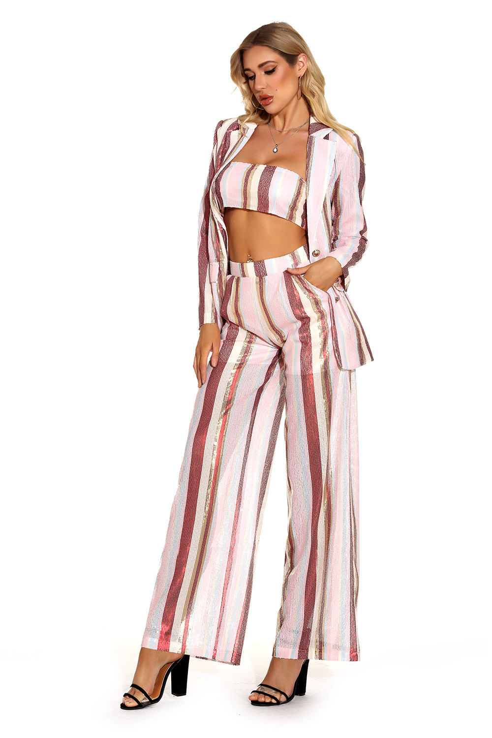 GraceChic GraceChic European And American New Three-Piece Set Early Autumn Fashion Women's Small Blazer Striped Casual Wide-Leg Pants_voghion.com