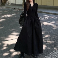 法式赫本小众气质长袖连衣裙秋显瘦黑色a字裙冬天配大衣打底裙女